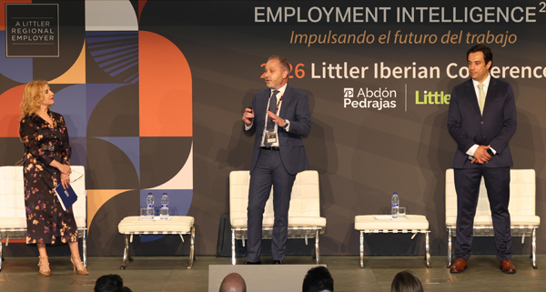 Rosa Santos, directora de Empleo, Diversidad y Protección Social de CEOE, Antonio Pedrajas, socio director de Abdón Pedrajas Littler y David Carvalho, socio director de Littler Portugal